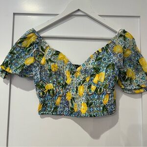 Primark Italian Lemon Print Off-Shoulder Smocked Crop Top - Blue and Yellow